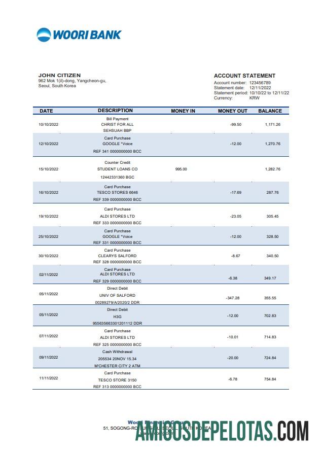 Exemplo de extrato bancário Woori da Coreia do Sul